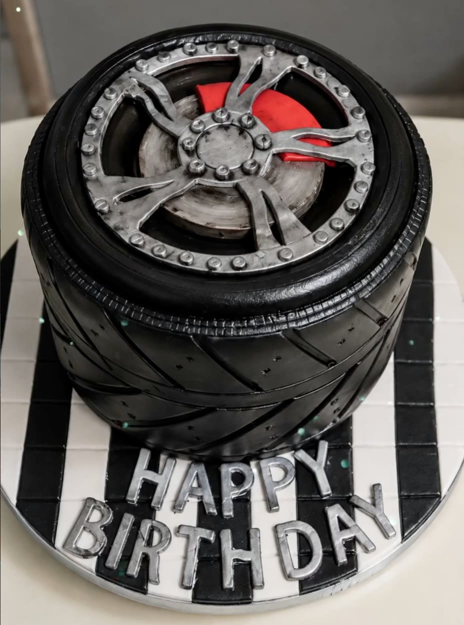 Tarta escultura 3D de rueda de coche a tamaño real